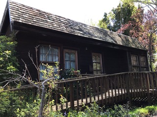 A picture of a cottage surrounded by trees. It has an access ramp running along the front.
